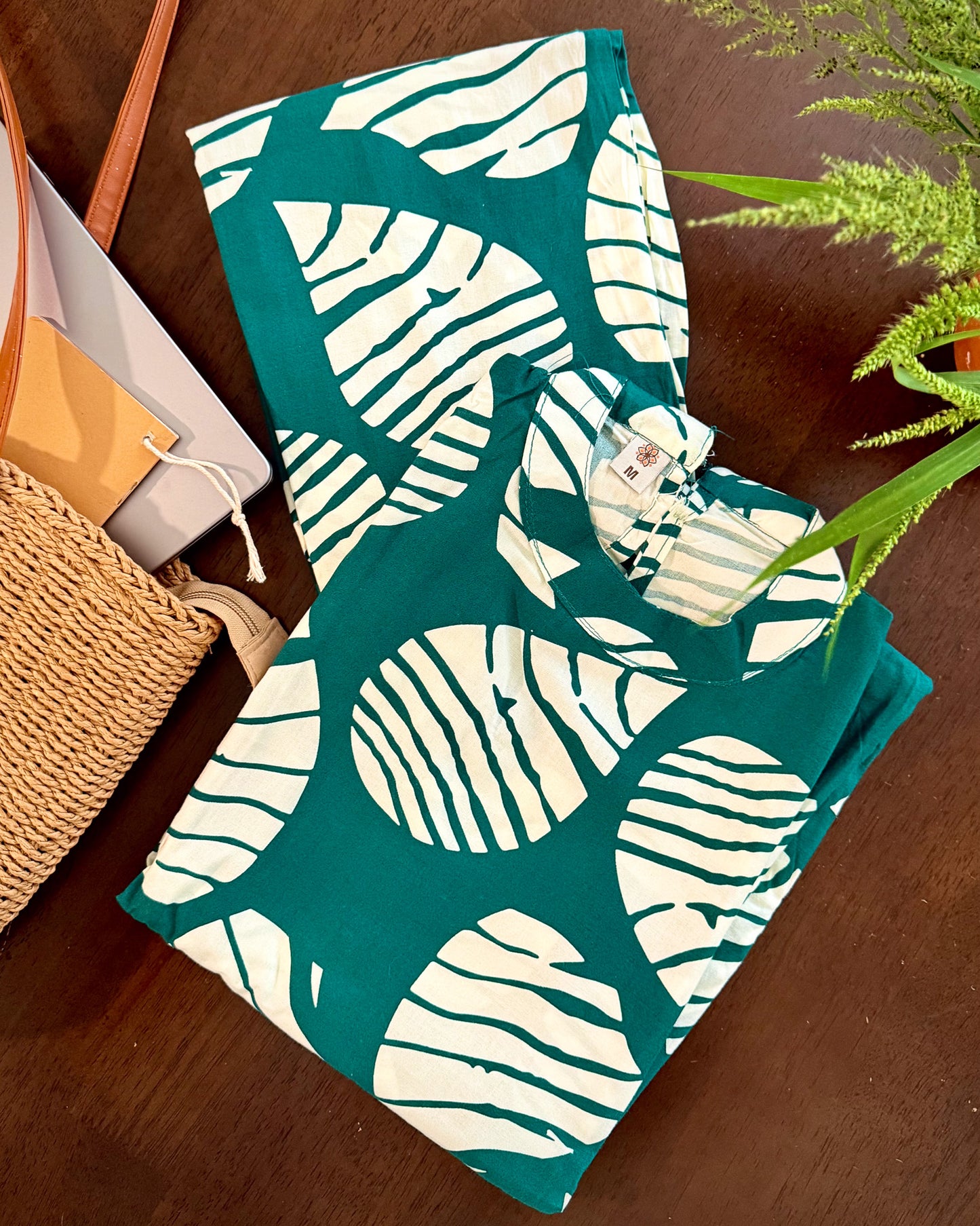 White Leaves Printed Green Co-ordset