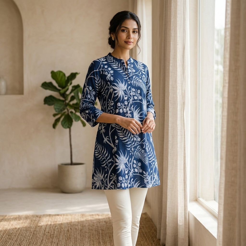 Teal Green Floral Short Kurti
