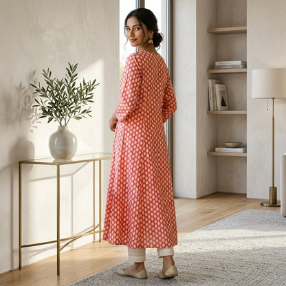 Orange Honeycomb Design Long Kurti