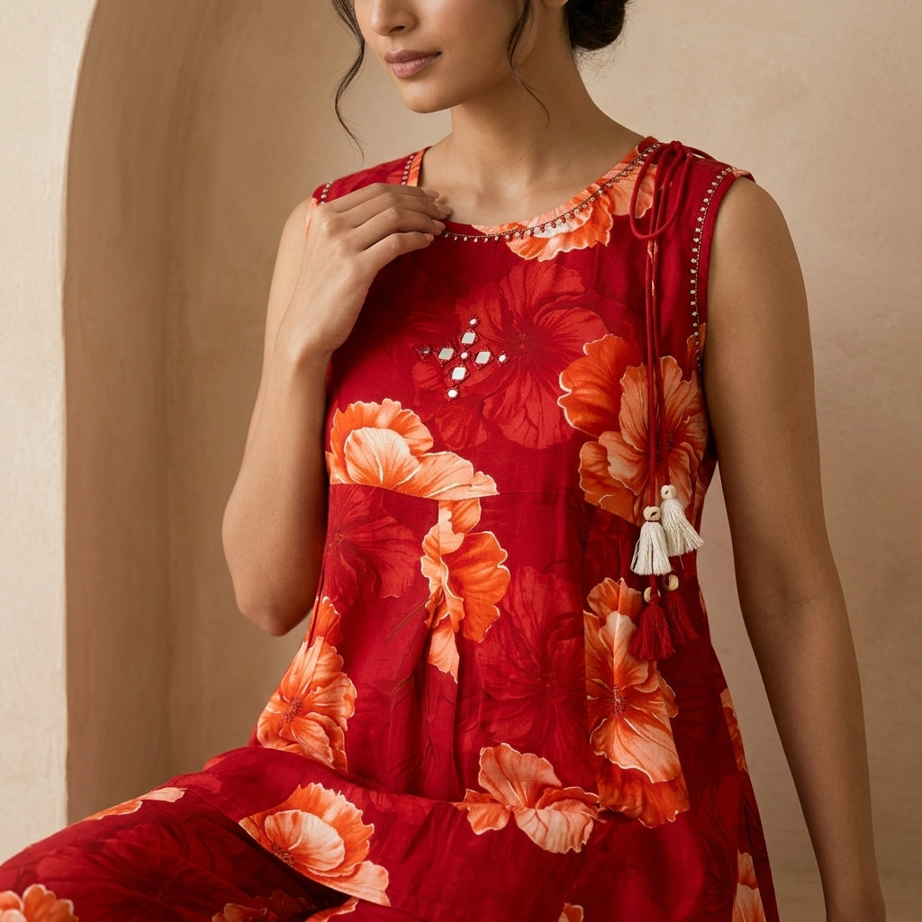 Red Floral Anarkali Pattern Short Kurti