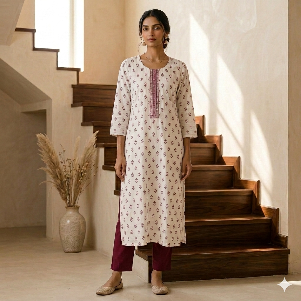 Pink Printed White Kurti
