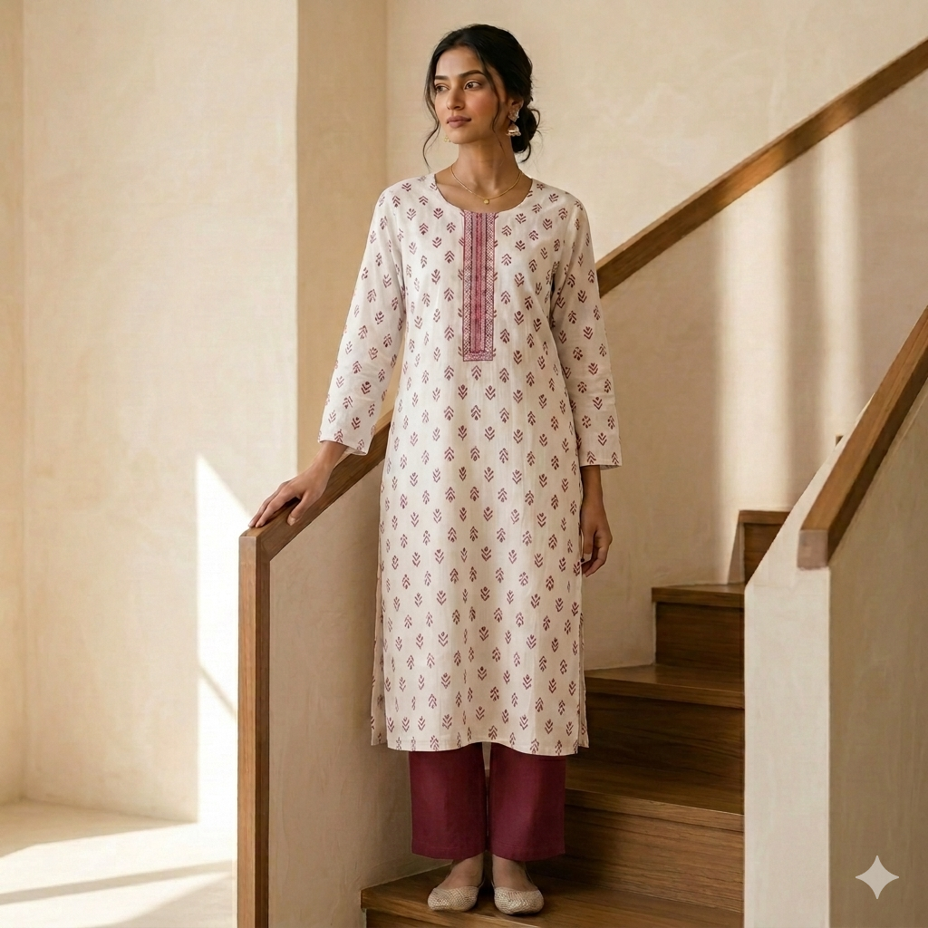 Pink Printed White Kurti