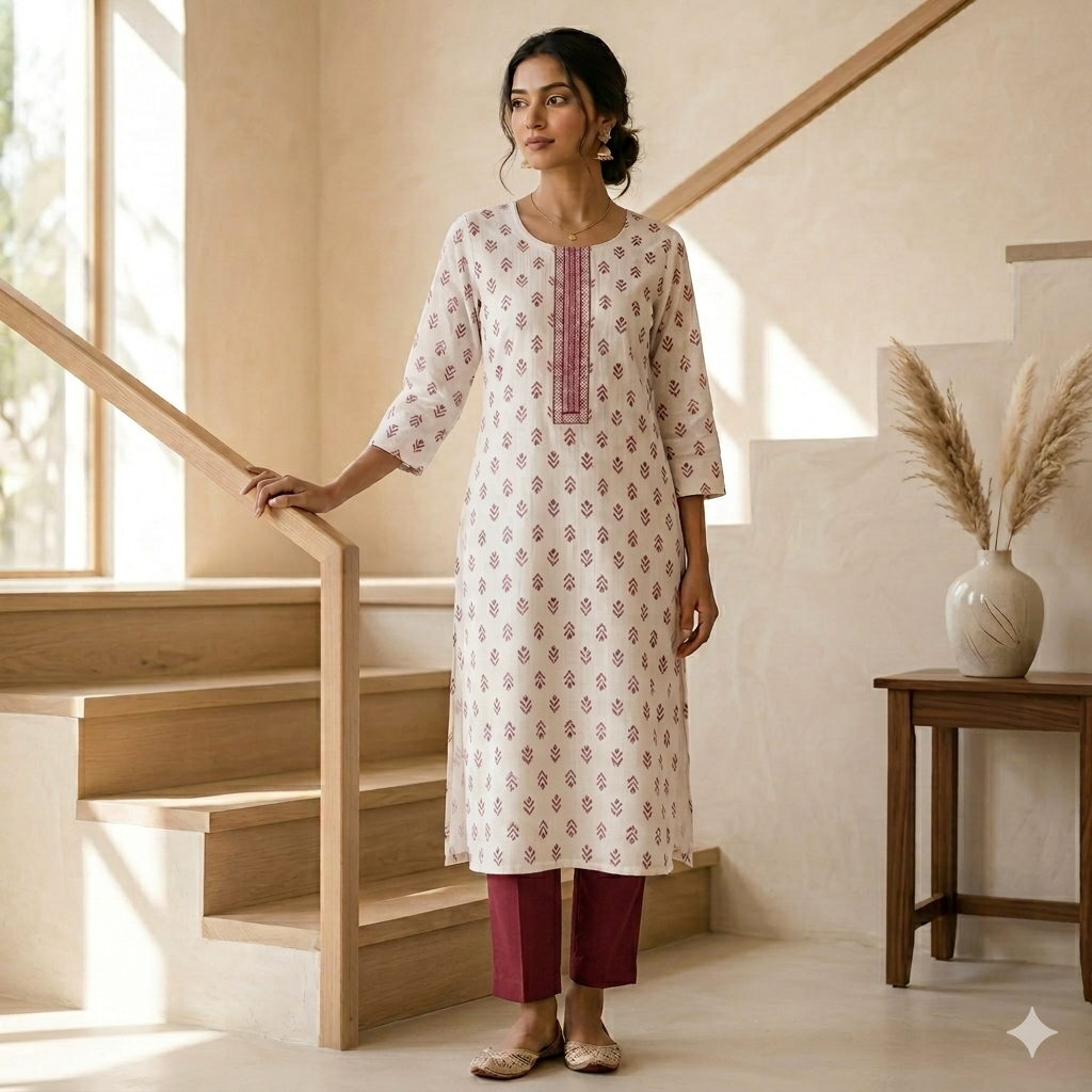 Pink Printed White Kurti