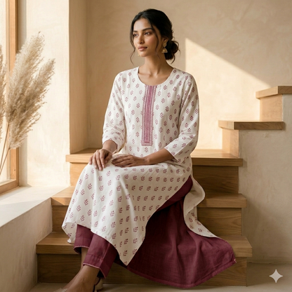Pink Printed White Kurti