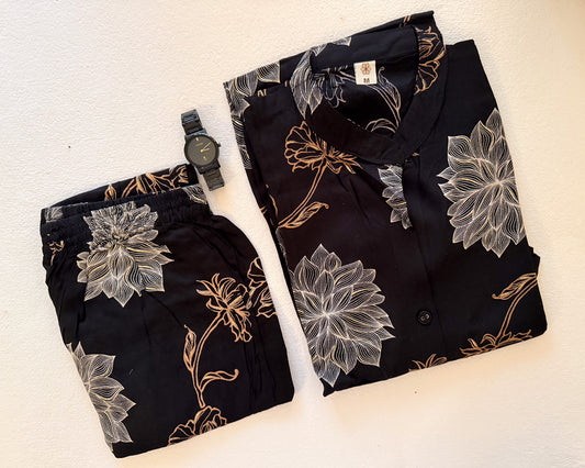 Black Co-ordset with Golden Floral Design
