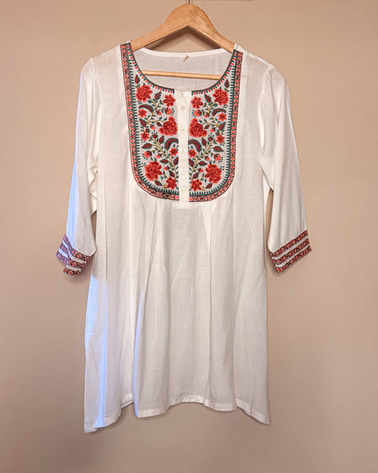White Floral Short Kurti
