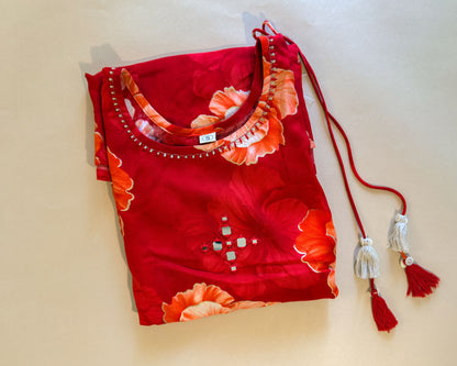 Red Floral Anarkali Pattern Short Kurti