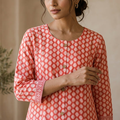Orange Honeycomb Design Long Kurti