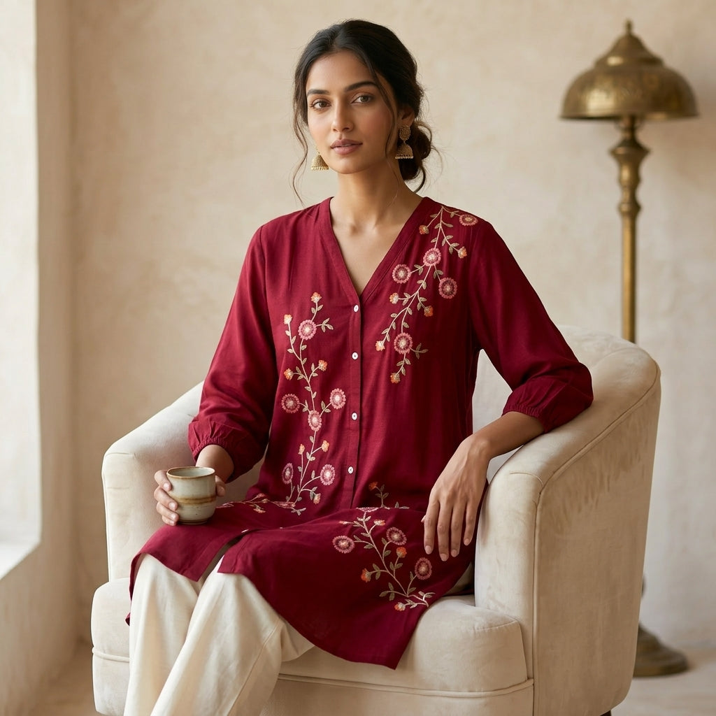 Red Floral Short Kurti