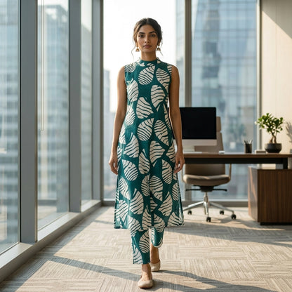 White Leaves Printed Green Co-ordset
