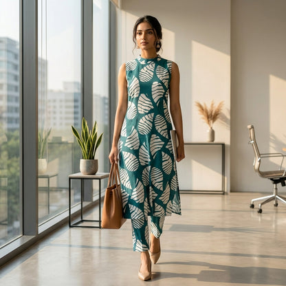 White Leaves Printed Green Co-ordset