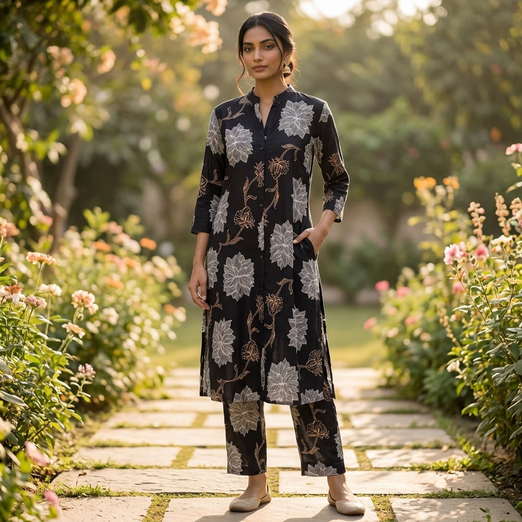 Black Co-ordset with Golden Floral Design