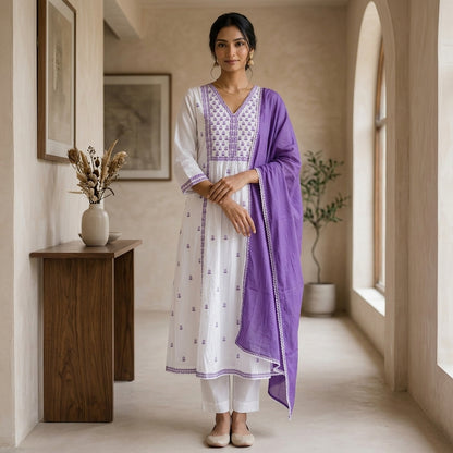 White Floral Kurta Set with Dupatta