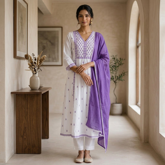 White Floral Kurta Set with Dupatta