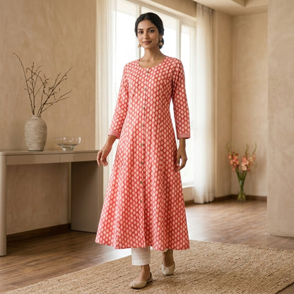 Orange Honeycomb Design Long Kurti