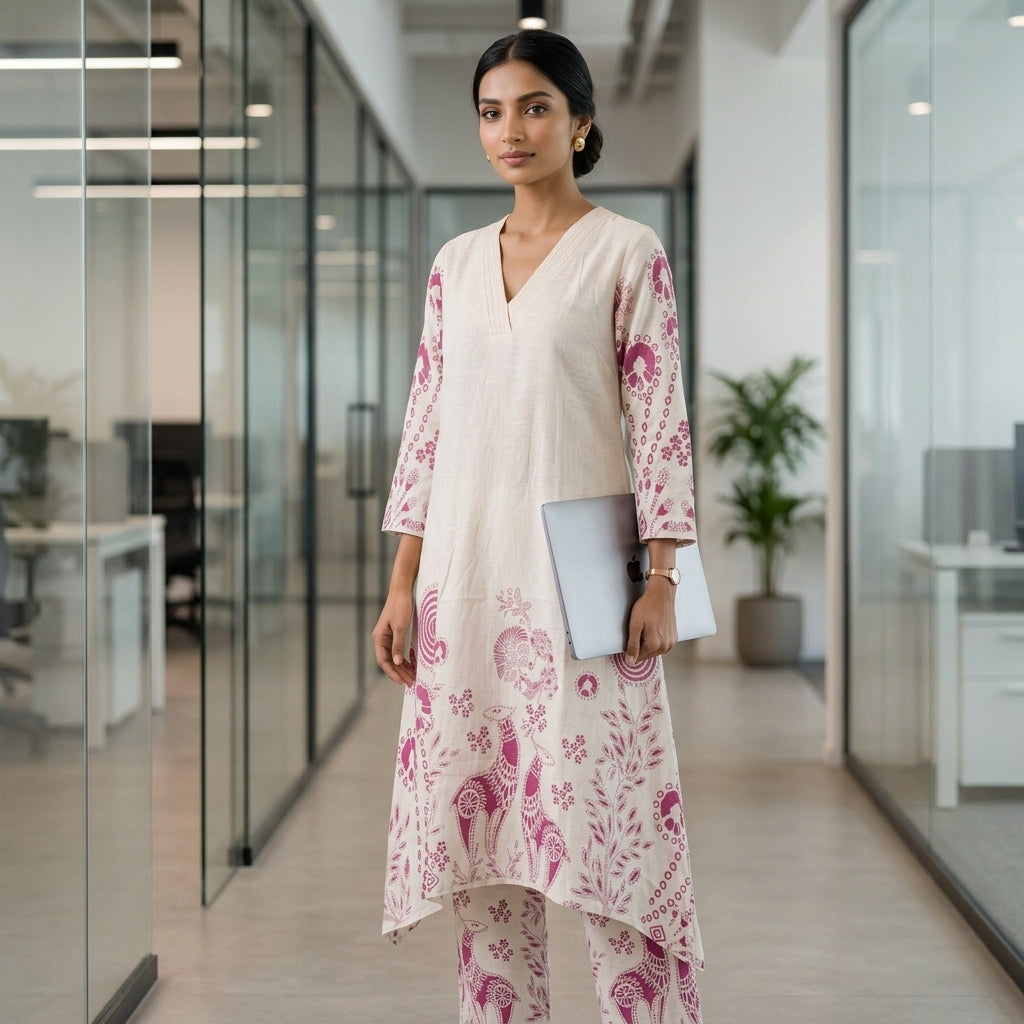 Printed White Khadi Co-ordset