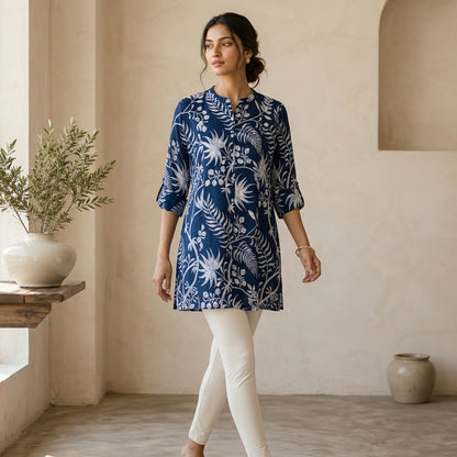 Teal Green Floral Short Kurti