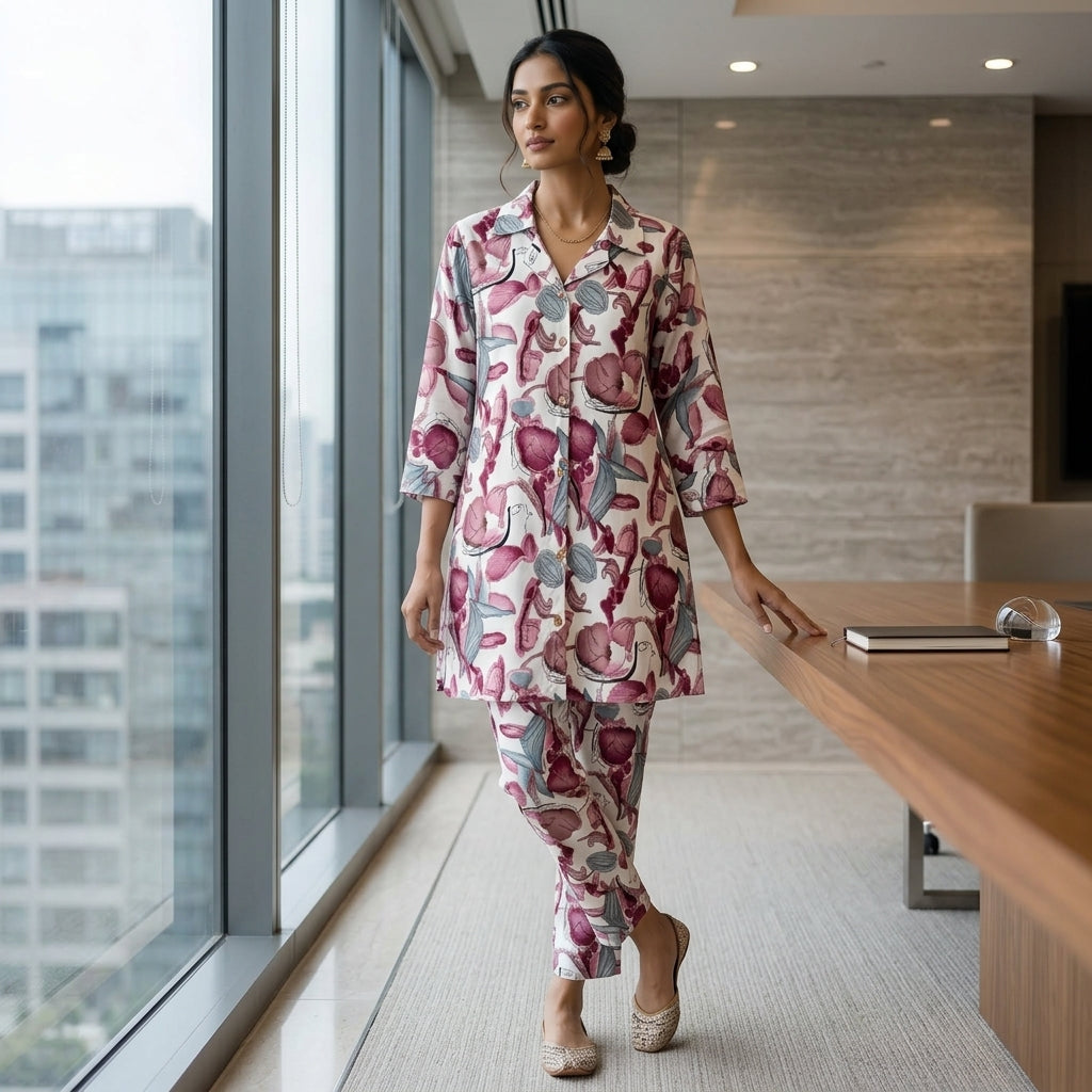 White Co-ordset with Pink Floral Design