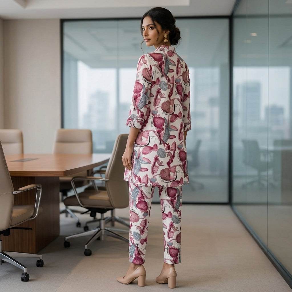 White Co-ordset with Pink Floral Design