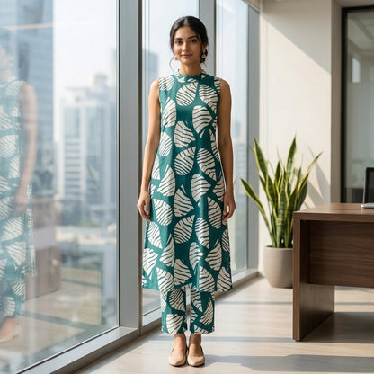 White Leaves Printed Green Co-ordset