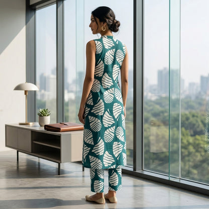 White Leaves Printed Green Co-ordset