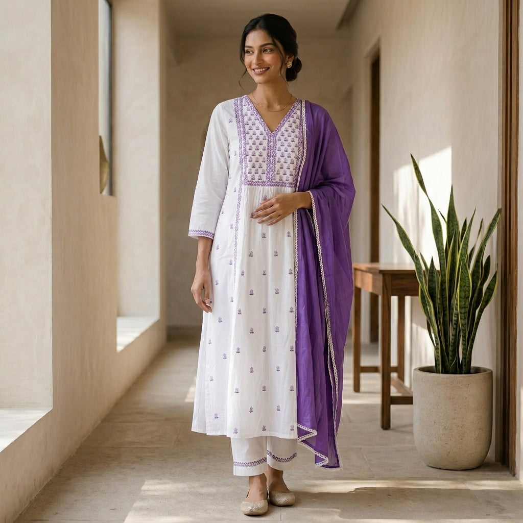 White Floral Kurta Set with Dupatta