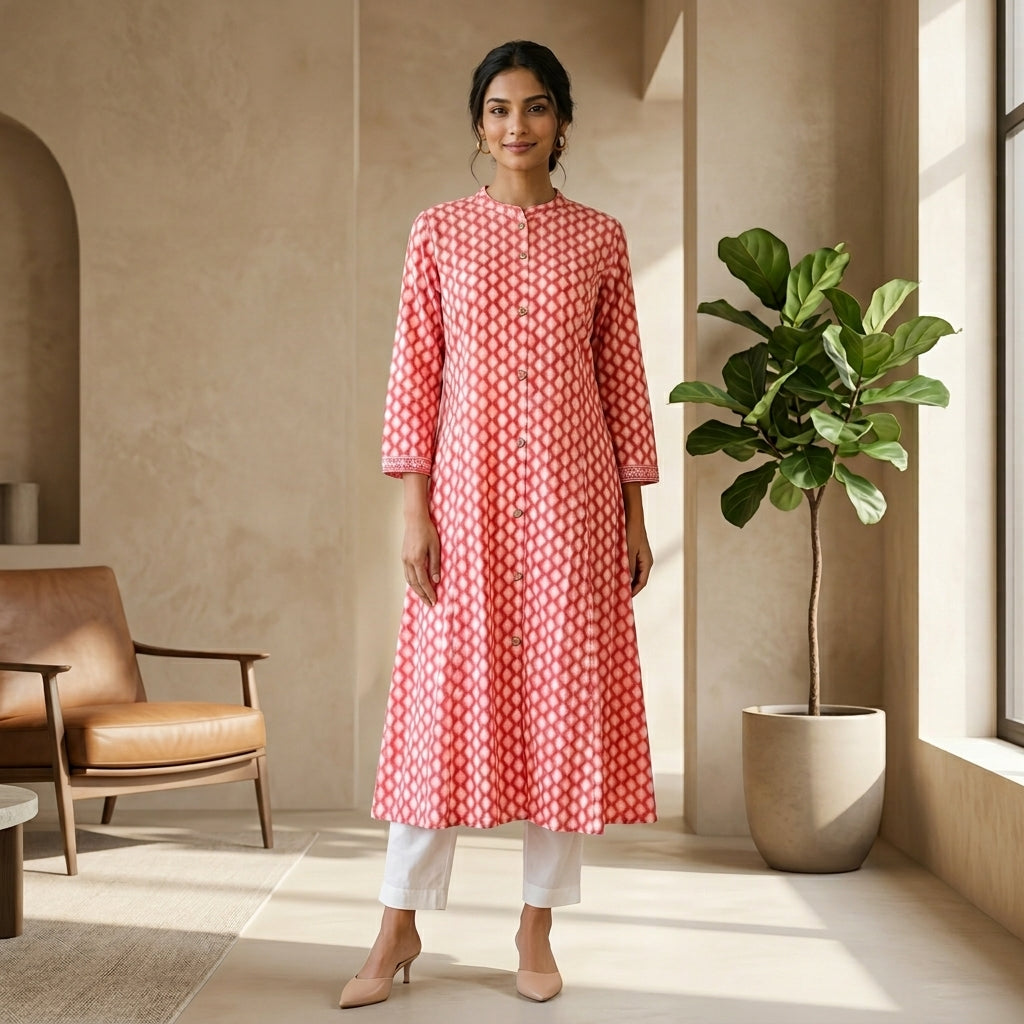 Orange Honeycomb Design Long Kurti