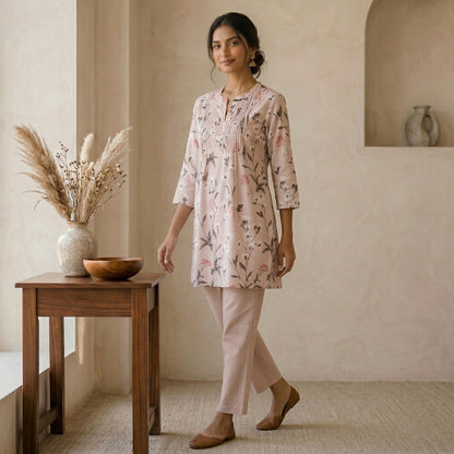Beige Floral Short Kurti