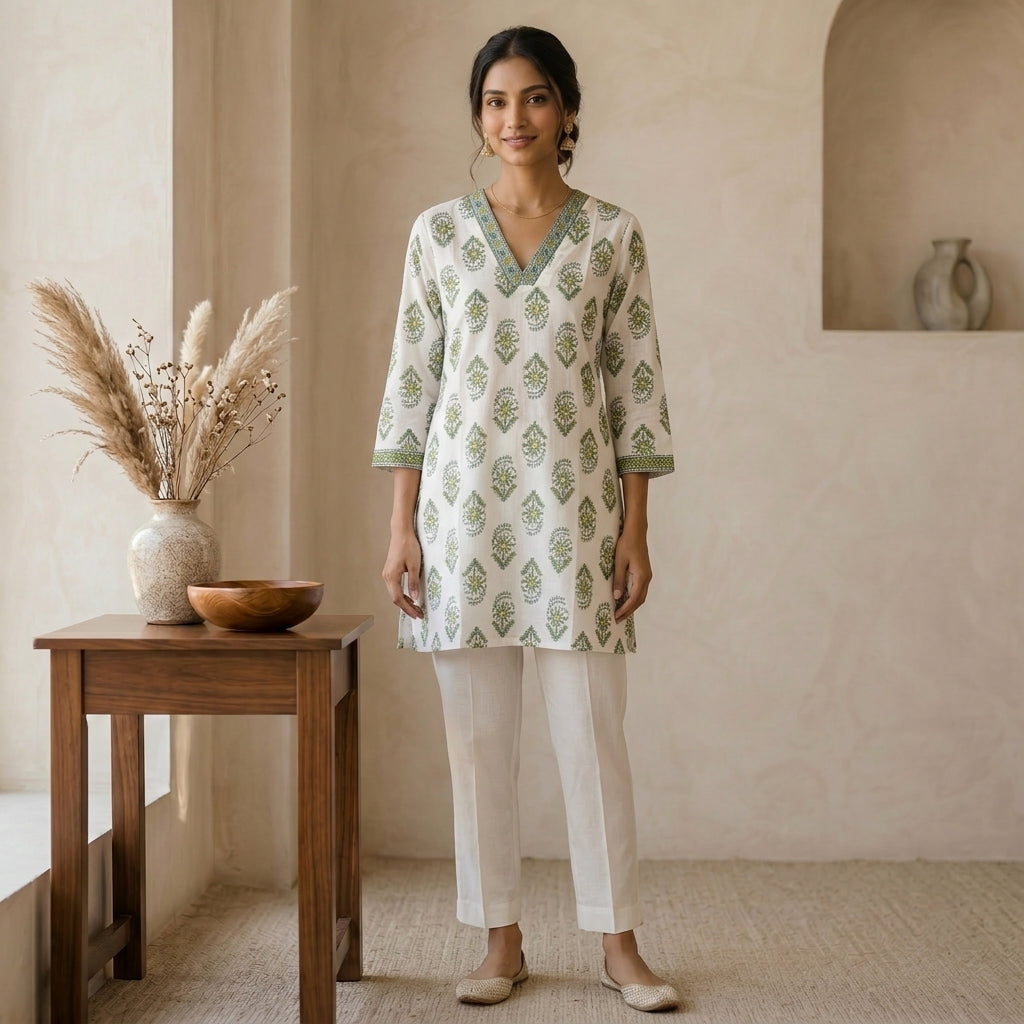 Green Floral Printed Short Kurti