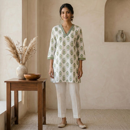 Green Floral Printed Short Kurti