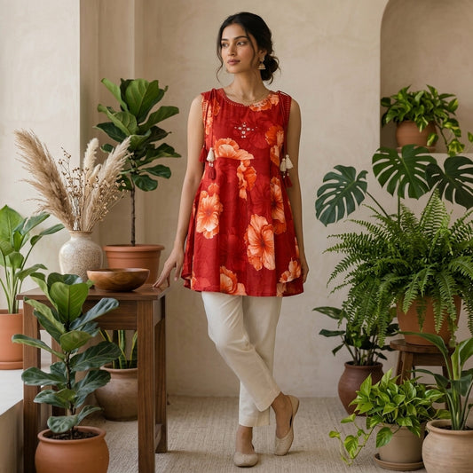 Red Floral Anarkali Pattern Short Kurti