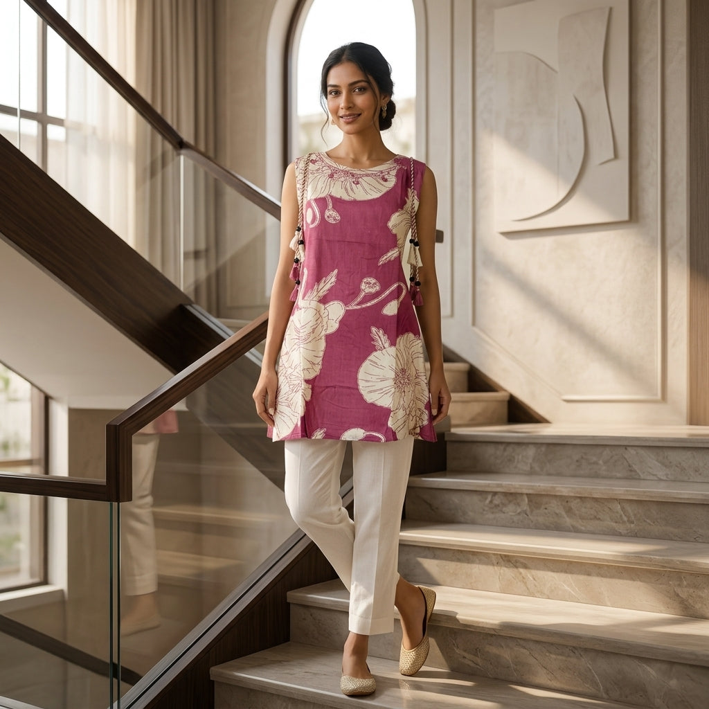 Pink Floral Short Kurti