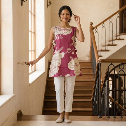Pink Floral Short Kurti