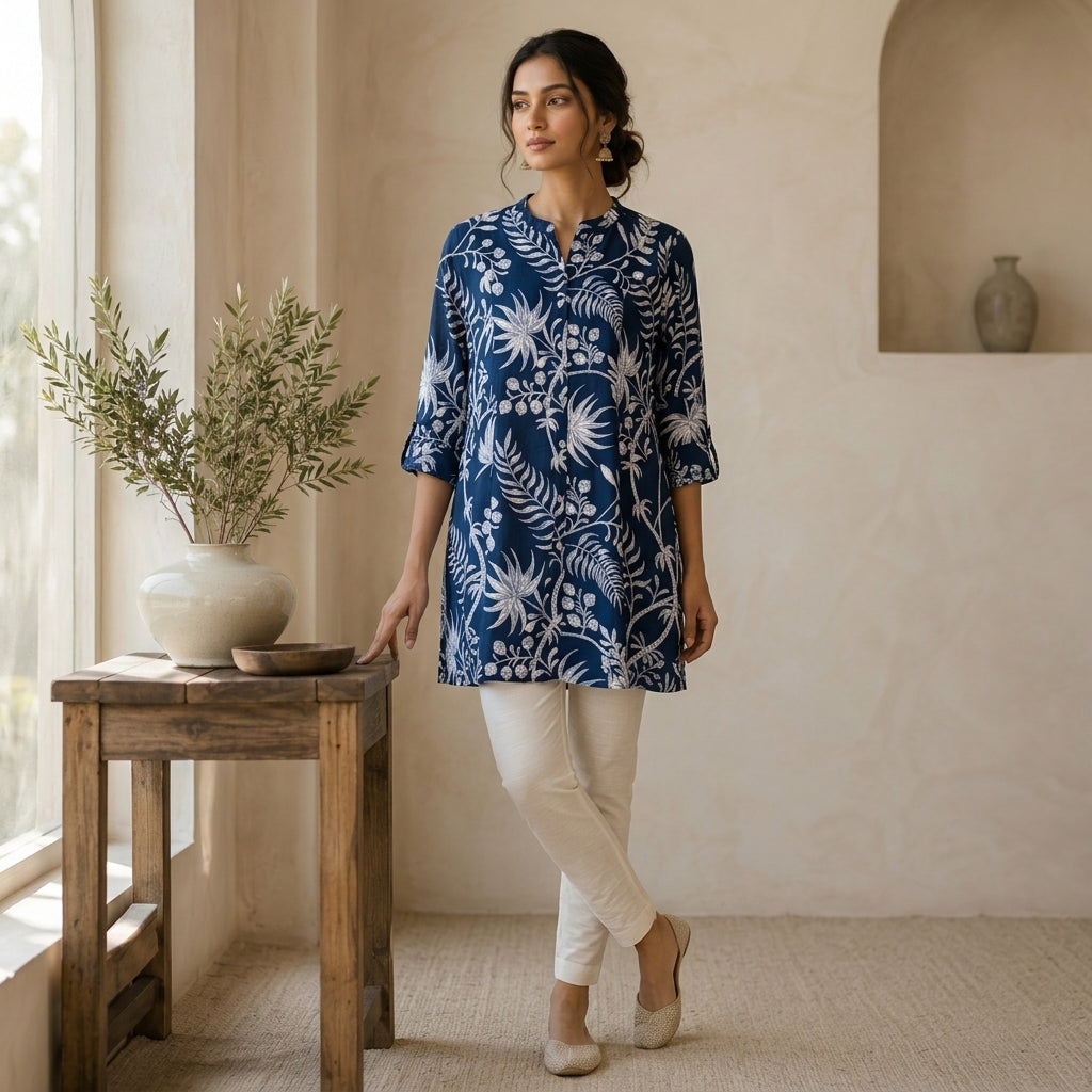 Teal Green Floral Short Kurti