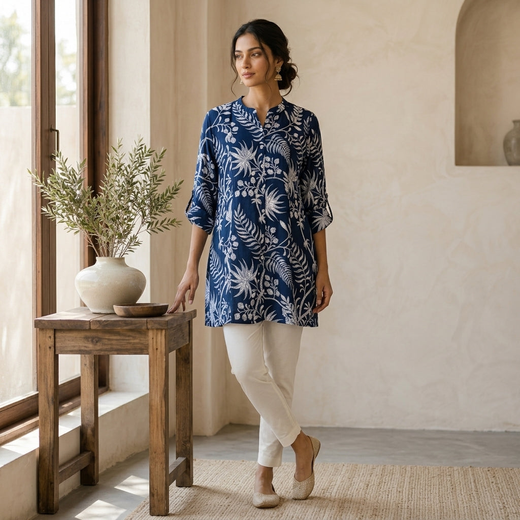 Teal Green Floral Short Kurti