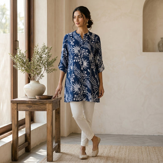 Teal Green Floral Short Kurti