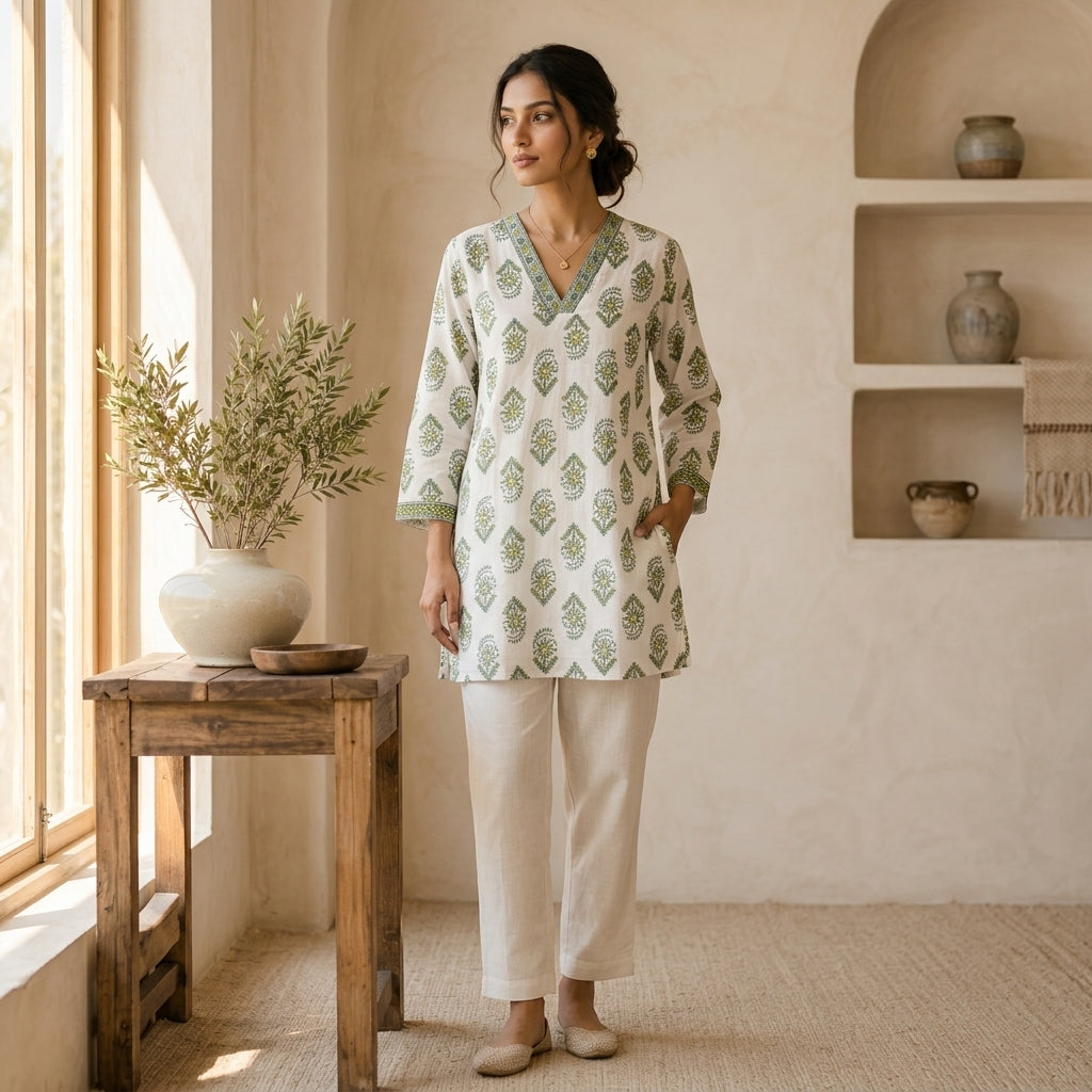 Green Floral Printed Short Kurti