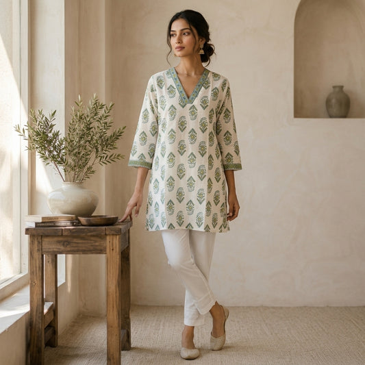 Green Floral Printed Short Kurti
