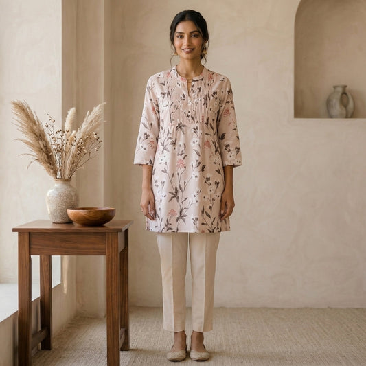 Beige Floral Short Kurti