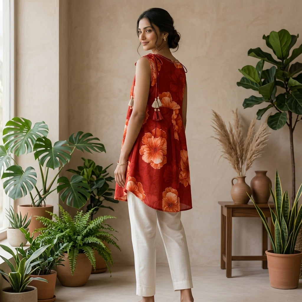 Red Floral Anarkali Pattern Short Kurti