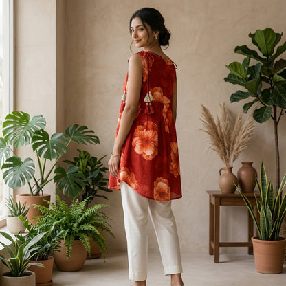 Red Floral Anarkali Pattern Short Kurti