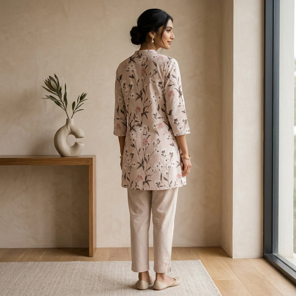 Beige Floral Short Kurti