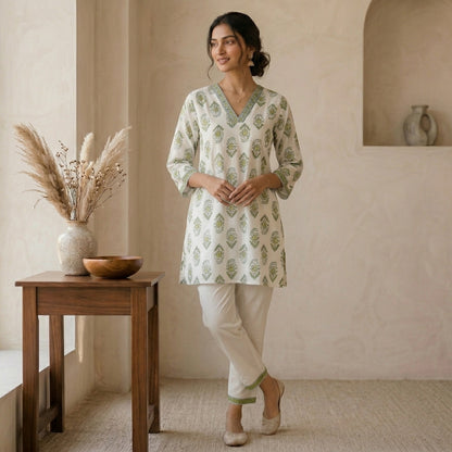 Green Floral Printed Short Kurti