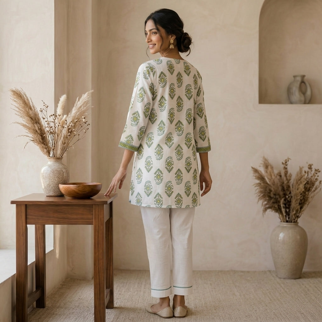 Green Floral Printed Short Kurti