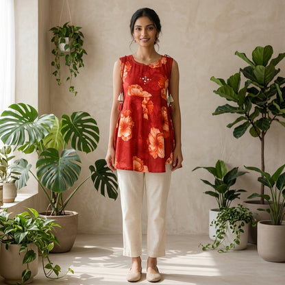 Red Floral Anarkali Pattern Short Kurti