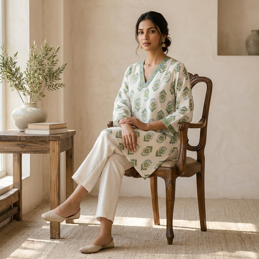 Green Floral Printed Short Kurti