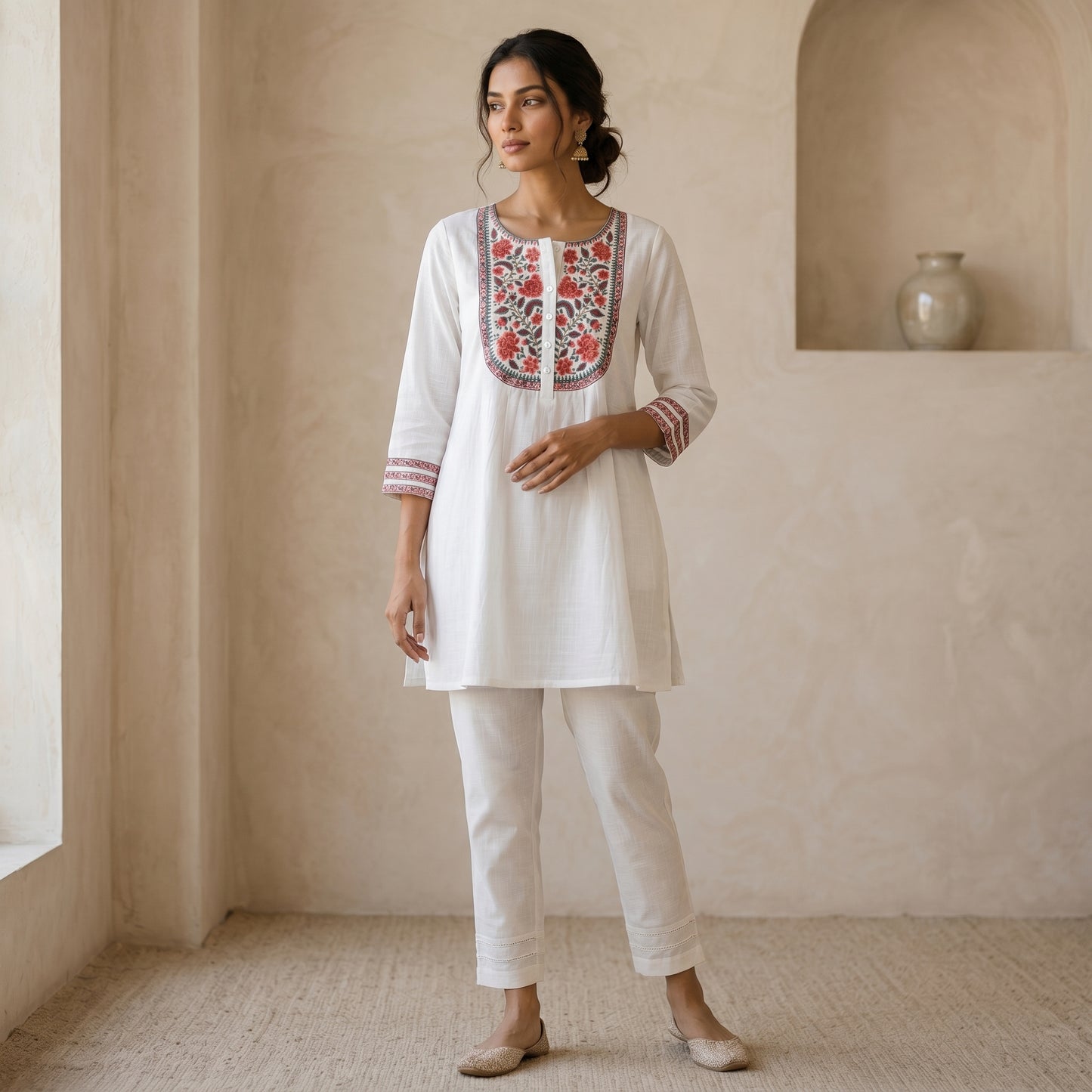 White Floral Short Kurti