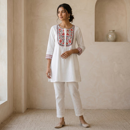 White Floral Short Kurti