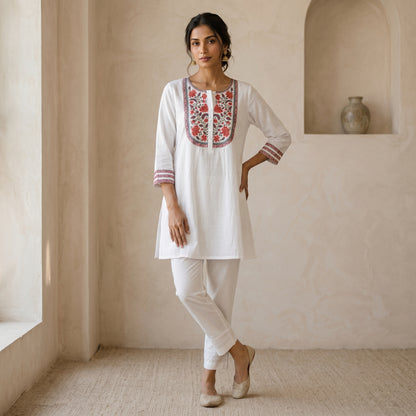 White Floral Short Kurti