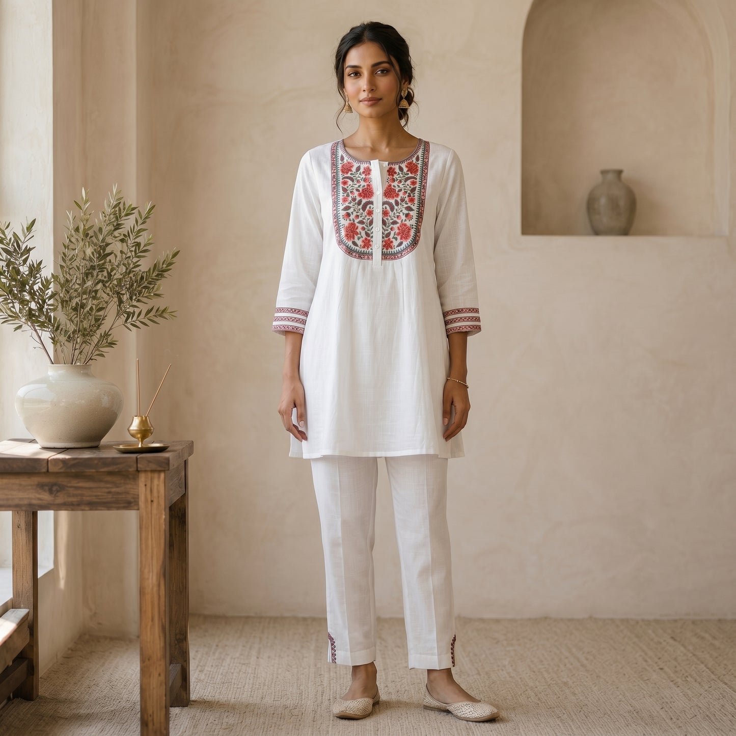 White Floral Short Kurti